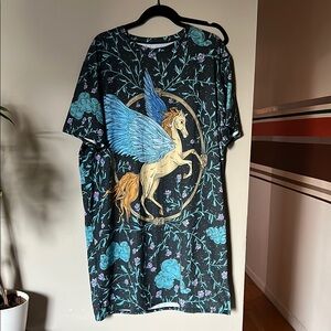 Black T-Shirt Dress with Pegasus and Floral Design